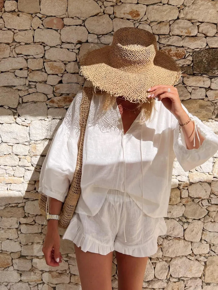 Loose Shirt and Ruffle Shorts Co-ord Set