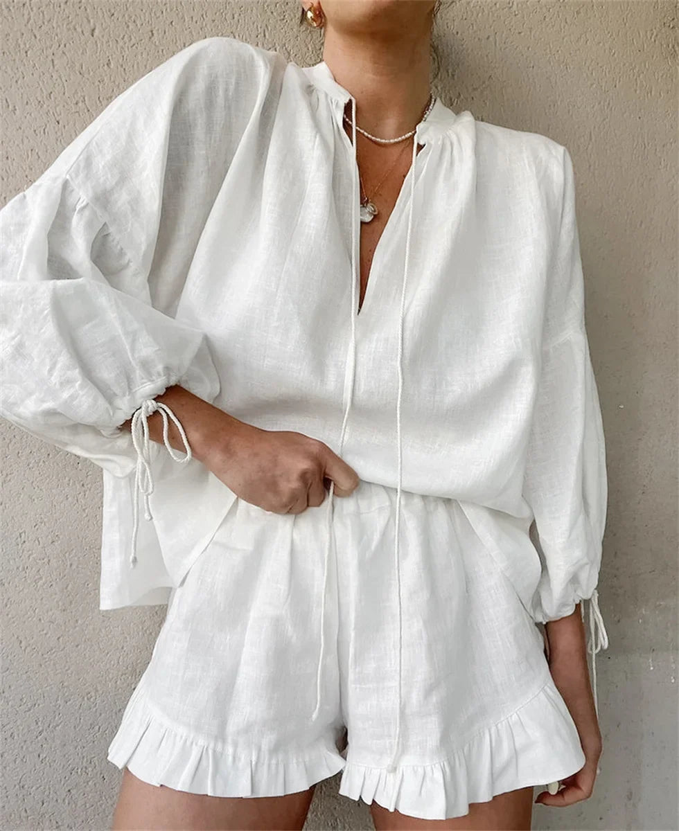 Loose Shirt and Ruffle Shorts Co-ord Set