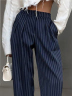 Navy Blue Pinstripe Pleated Wide Leg Trousers