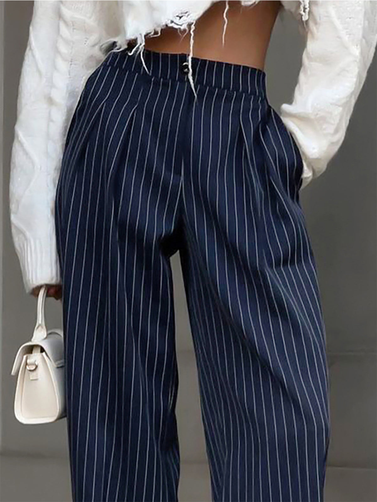 Navy Blue Pinstripe Pleated Wide Leg Trousers