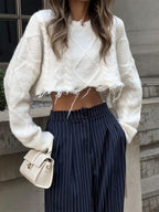 Navy Blue Pinstripe Pleated Wide Leg Trousers