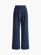 Navy Blue Pinstripe Pleated Wide Leg Trousers