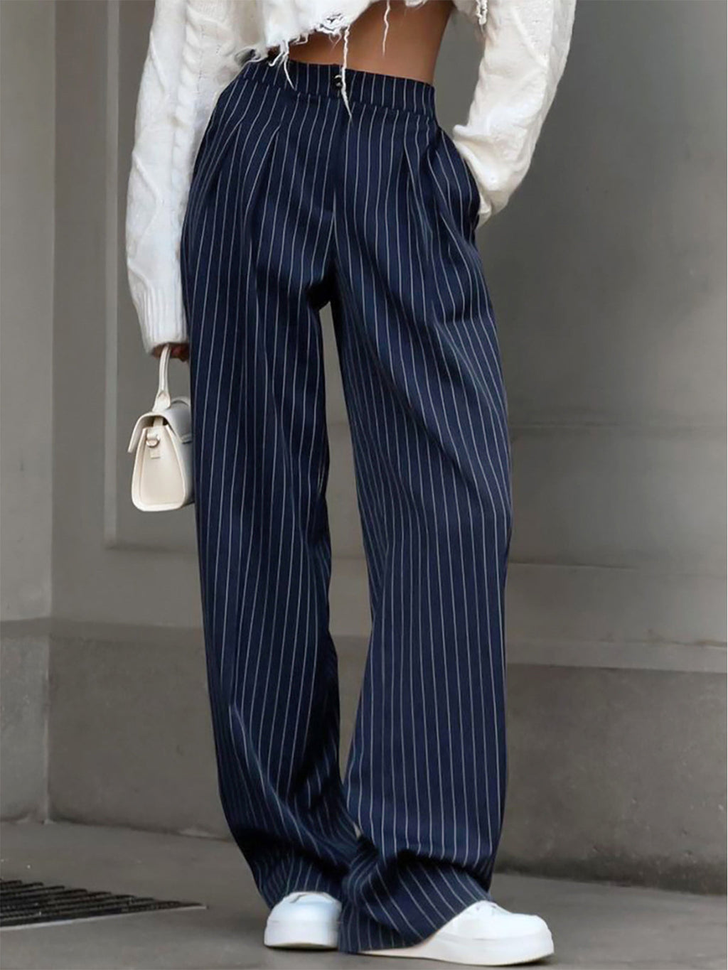 Navy Blue Pinstripe Pleated Wide Leg Trousers