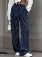 Navy Blue Pinstripe Pleated Wide Leg Trousers