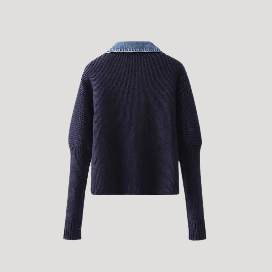 Navy Ribbed Knit Cardigan with Denim Trim