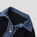 Navy Ribbed Knit Cardigan with Denim Trim