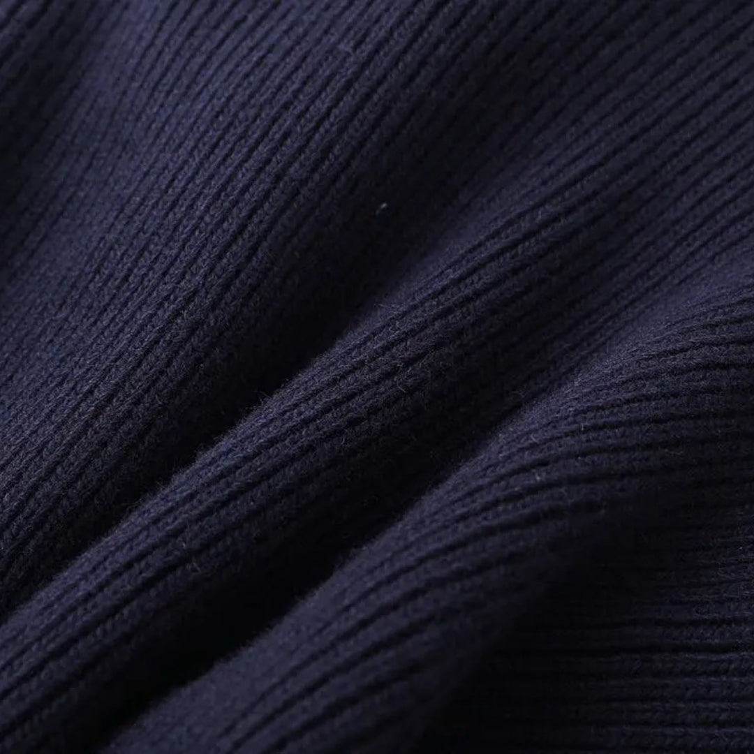 Navy Ribbed Knit Cardigan with Denim Trim