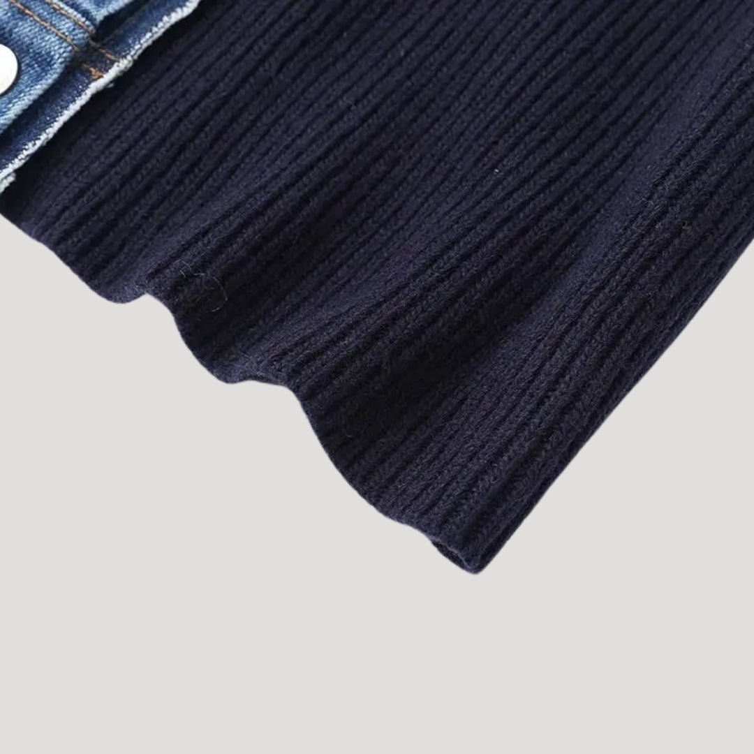 Navy Ribbed Knit Cardigan with Denim Trim