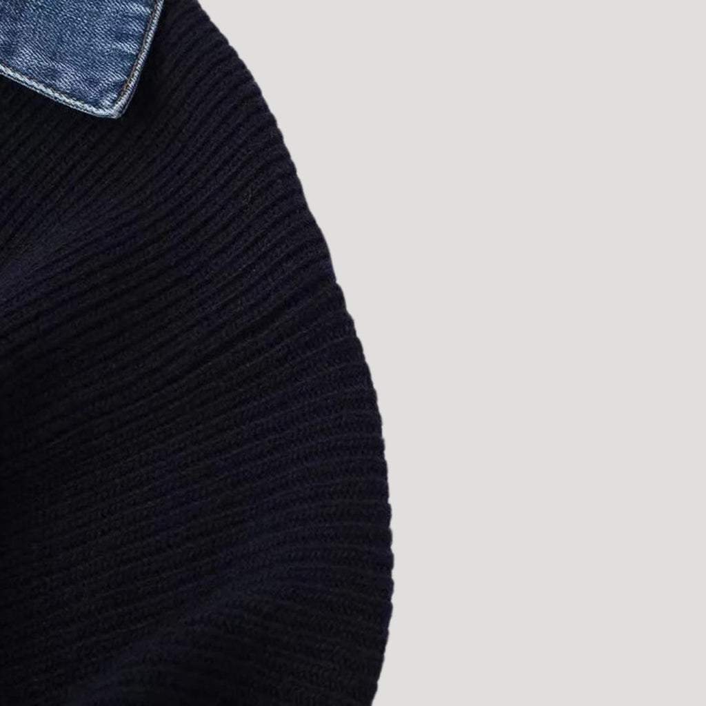 Navy Ribbed Knit Cardigan with Denim Trim
