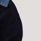 Navy Ribbed Knit Cardigan with Denim Trim