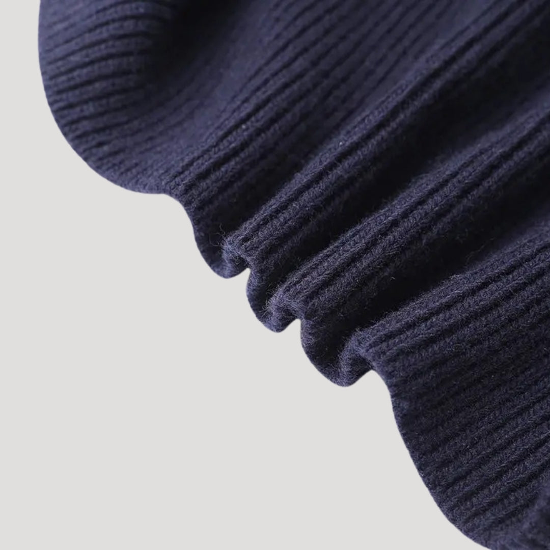 Navy Ribbed Knit Cardigan with Denim Trim