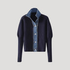 Navy Ribbed Knit Cardigan with Denim Trim