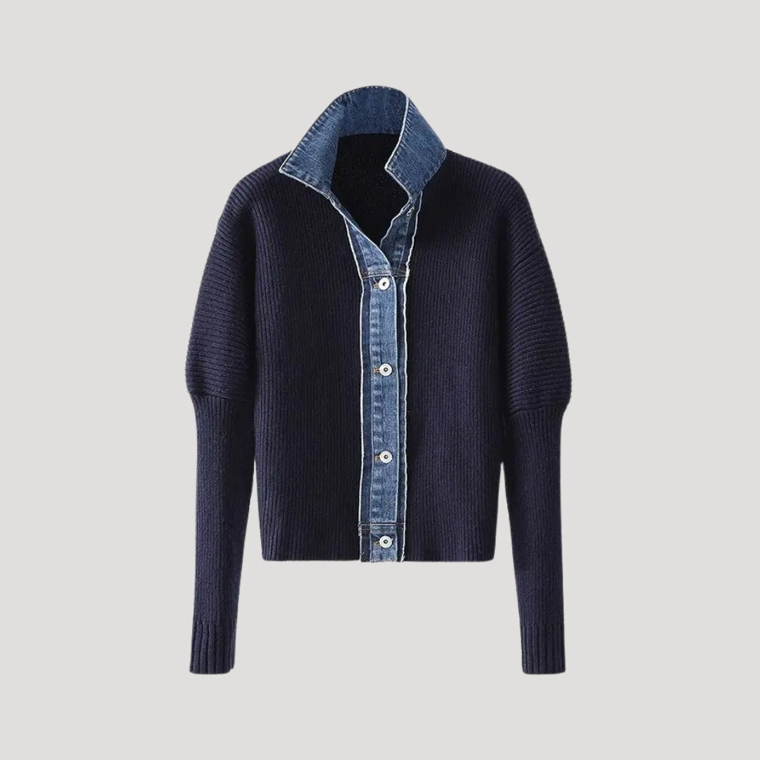 Navy Ribbed Knit Cardigan with Denim Trim