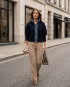 Navy Ribbed Knit Cardigan with Denim Trim