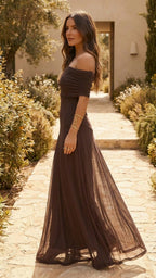 Off-Shoulder Sheer Overlay Maxi Dress