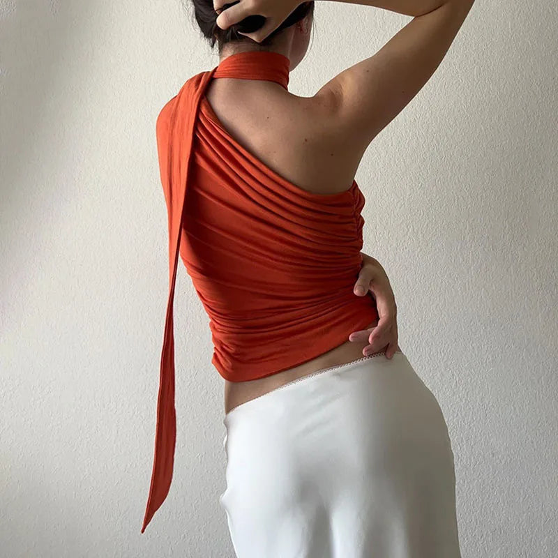 Off-Shoulder Wrapped Neck Bandage Crop Top
