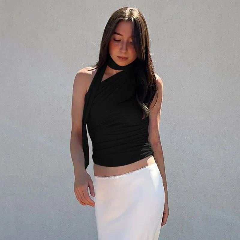 Off-Shoulder Wrapped Neck Bandage Crop Top