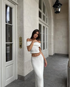 One Shoulder Knit Top and Slit Maxi Skirt Co-ord Set