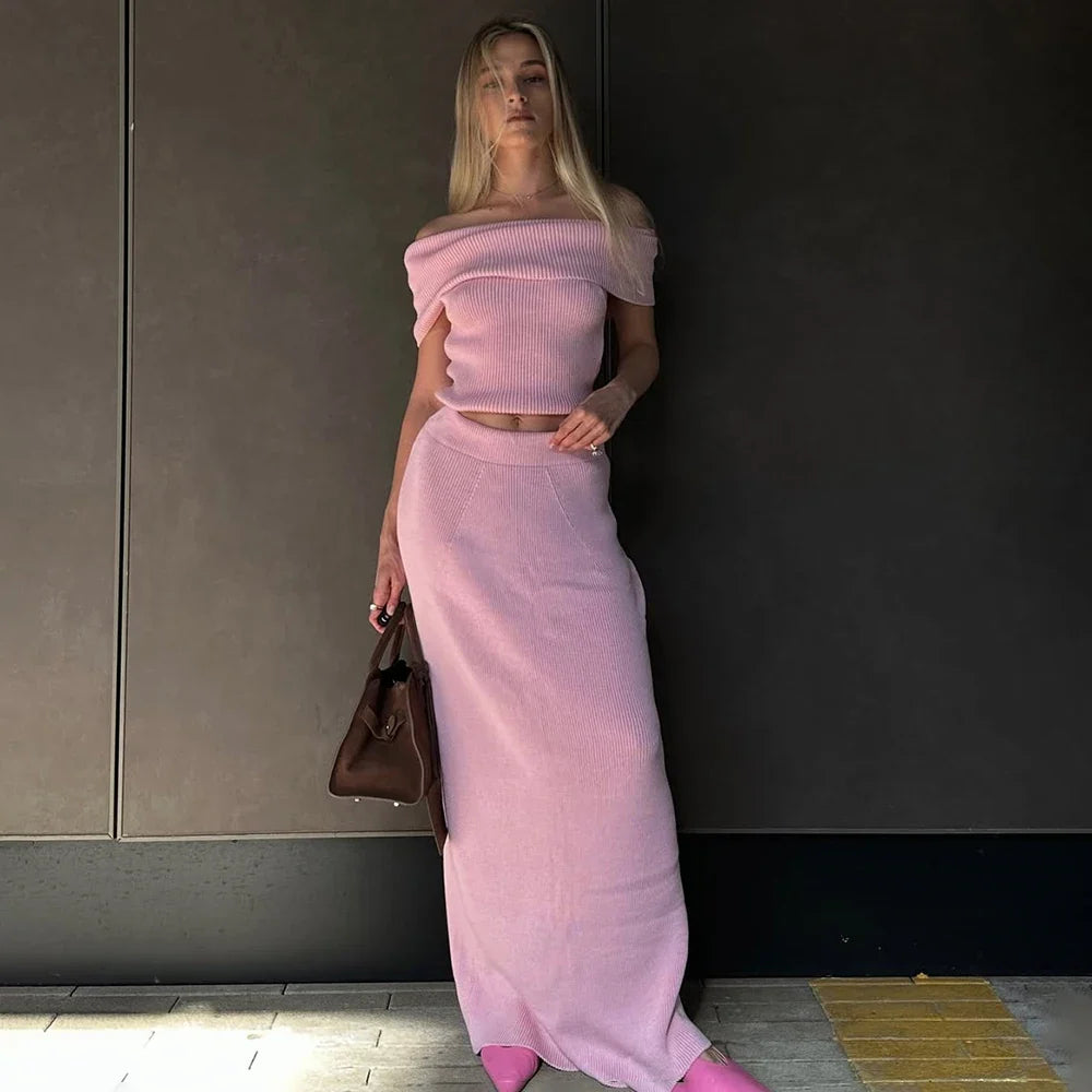 One Shoulder Knit Top and Slit Maxi Skirt Co-ord Set