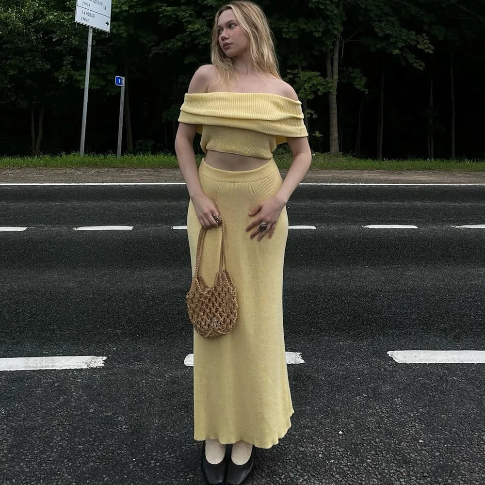 One Shoulder Knit Top and Slit Maxi Skirt Co-ord Set