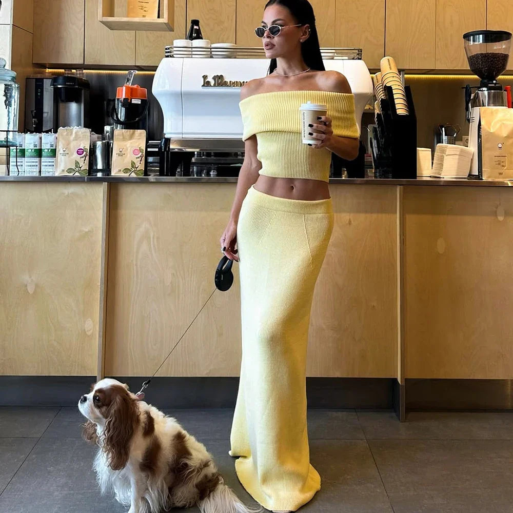 One Shoulder Knit Top and Slit Maxi Skirt Co-ord Set