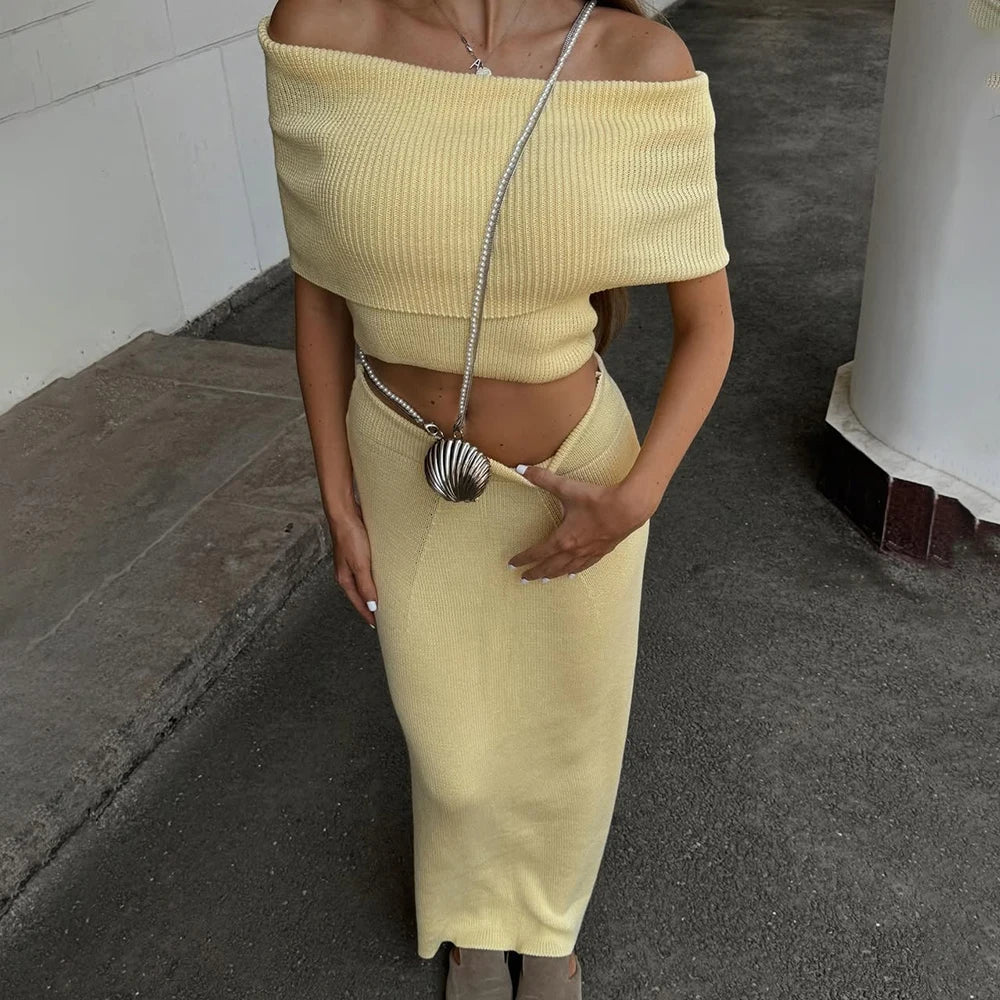 One Shoulder Knit Top and Slit Maxi Skirt Co-ord Set