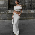 One Shoulder Knit Top and Slit Maxi Skirt Co-ord Set