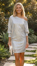 One Shoulder Long Sleeve Sequin Party Dress