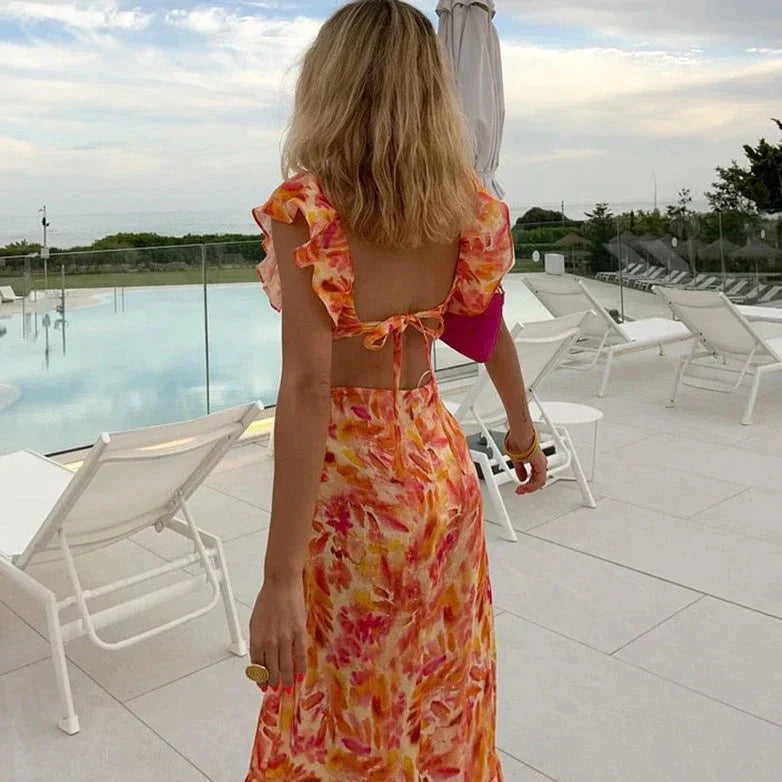 Orange Floral Cocktail Ruffle Maxi Dress