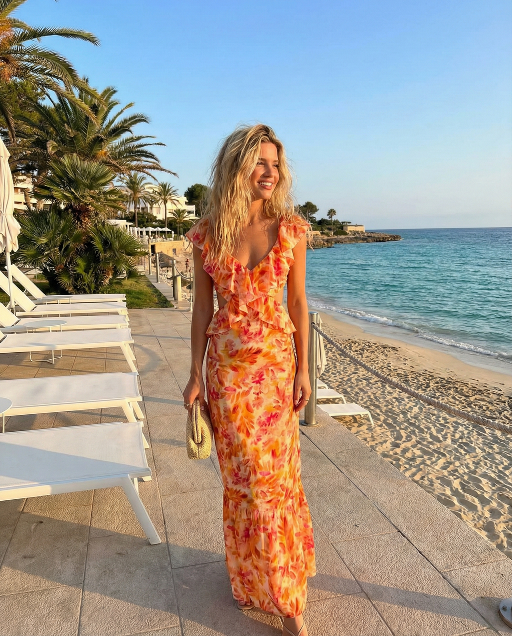 Orange Floral Cocktail Ruffle Maxi Dress