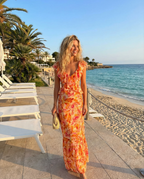 Orange Floral Cocktail Ruffle Maxi Dress