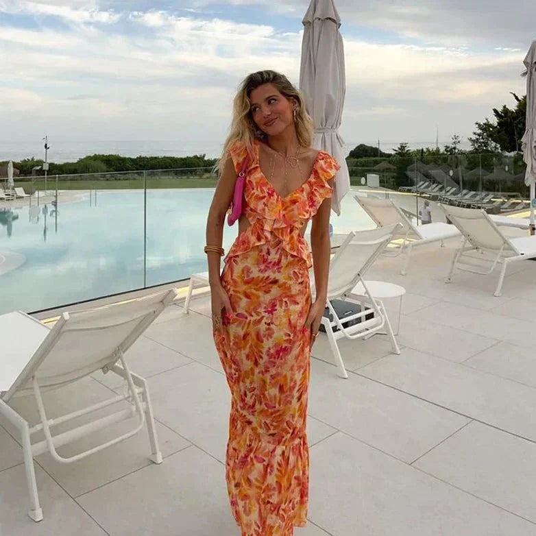 Orange Floral Cocktail Ruffle Maxi Dress