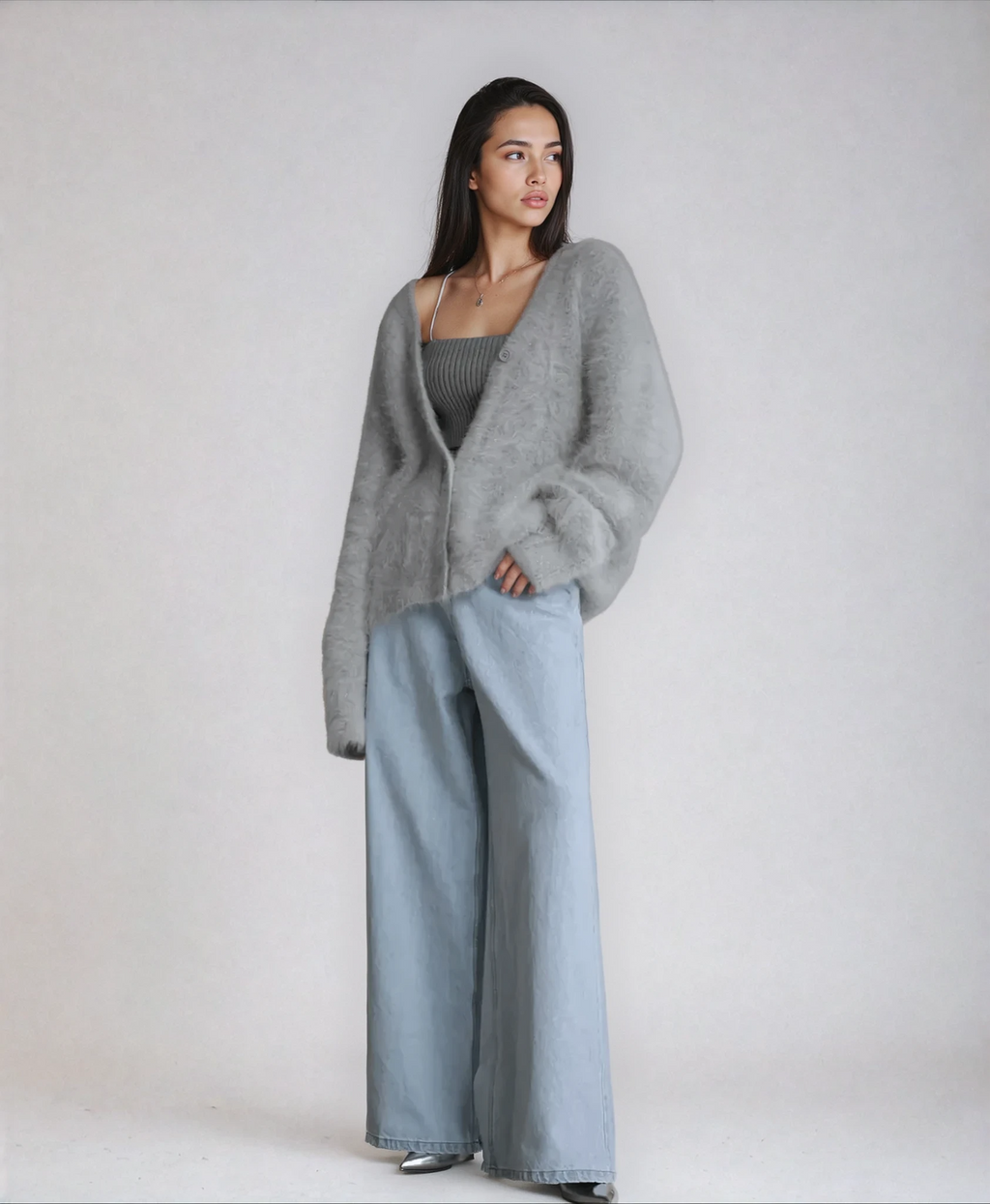 Oversized Deep V-Neck Soft Knit Cardigan