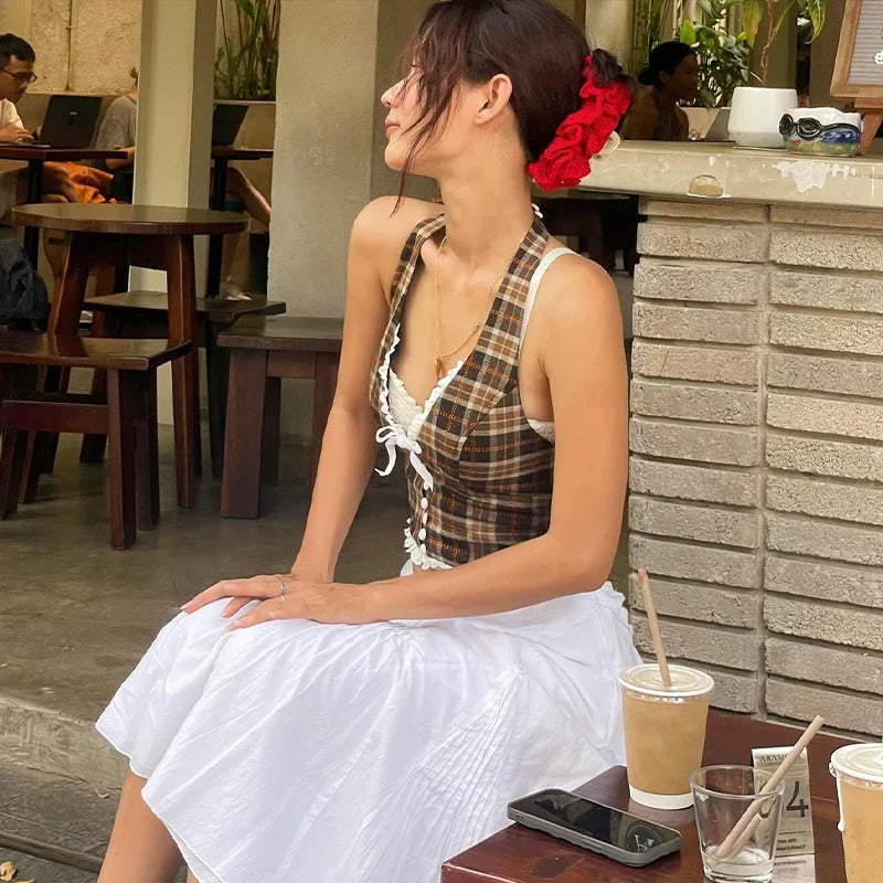 Plaid V-Neck Halter Top with Lace Back