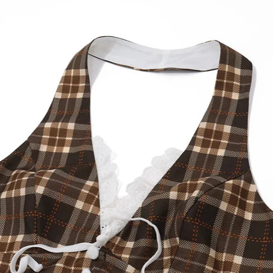 Plaid V-Neck Halter Top with Lace Back