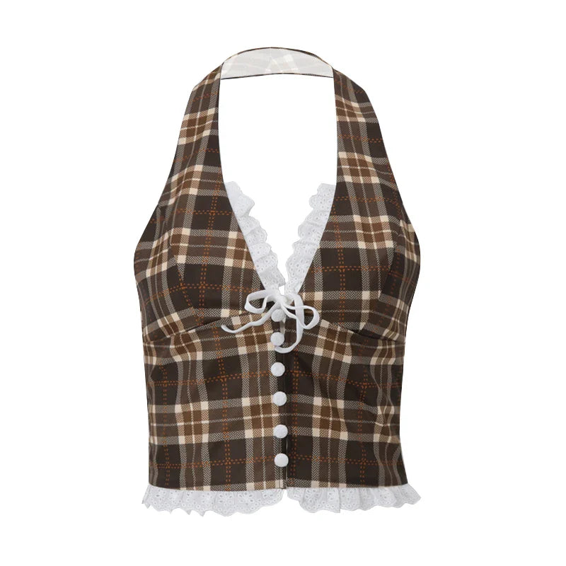 Plaid V-Neck Halter Top with Lace Back