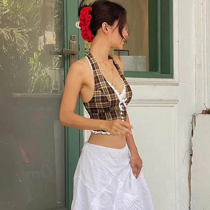 Plaid V-Neck Halter Top with Lace Back
