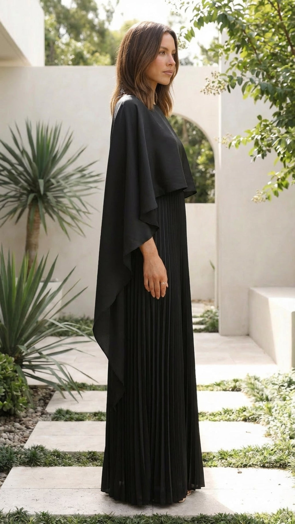 Pleated Maxi Dress with Cape Sleeves