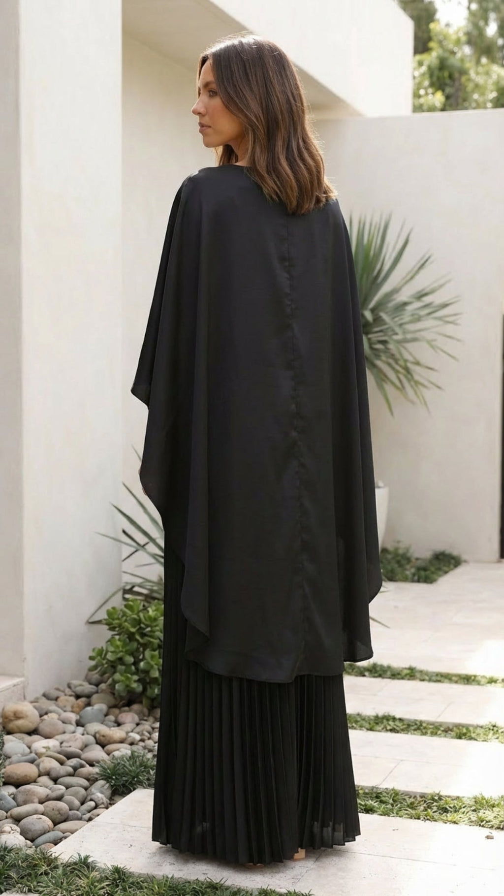 Pleated Maxi Dress with Cape Sleeves