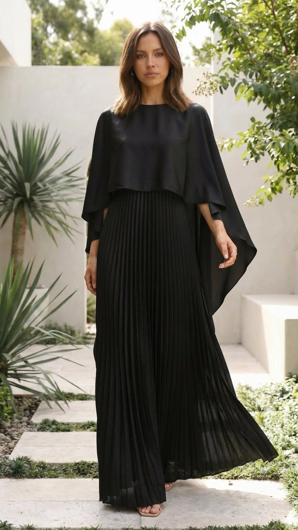 Pleated Maxi Dress with Cape Sleeves