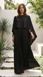 Pleated Maxi Dress with Cape Sleeves