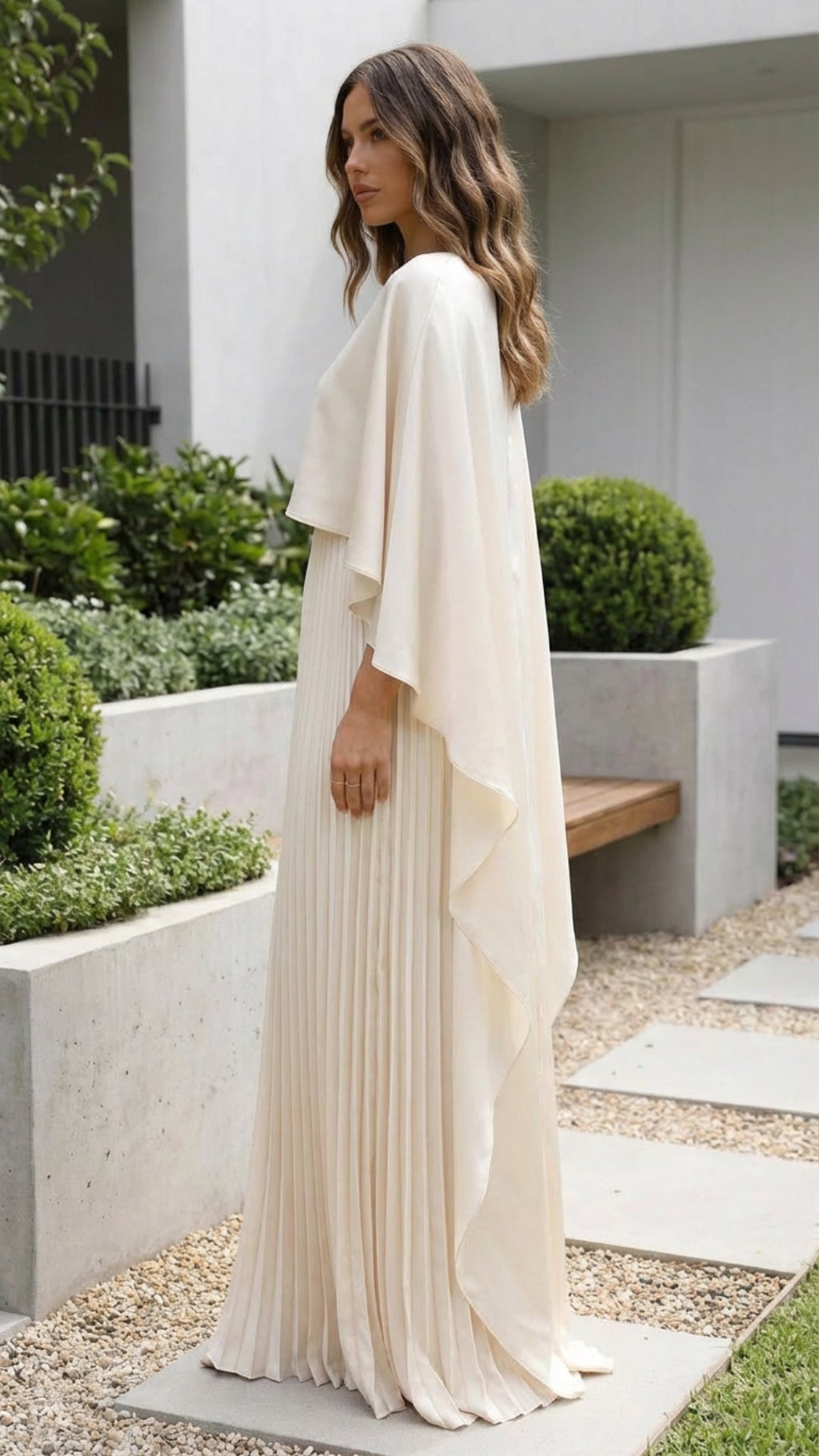 Pleated Maxi Dress with Cape Sleeves
