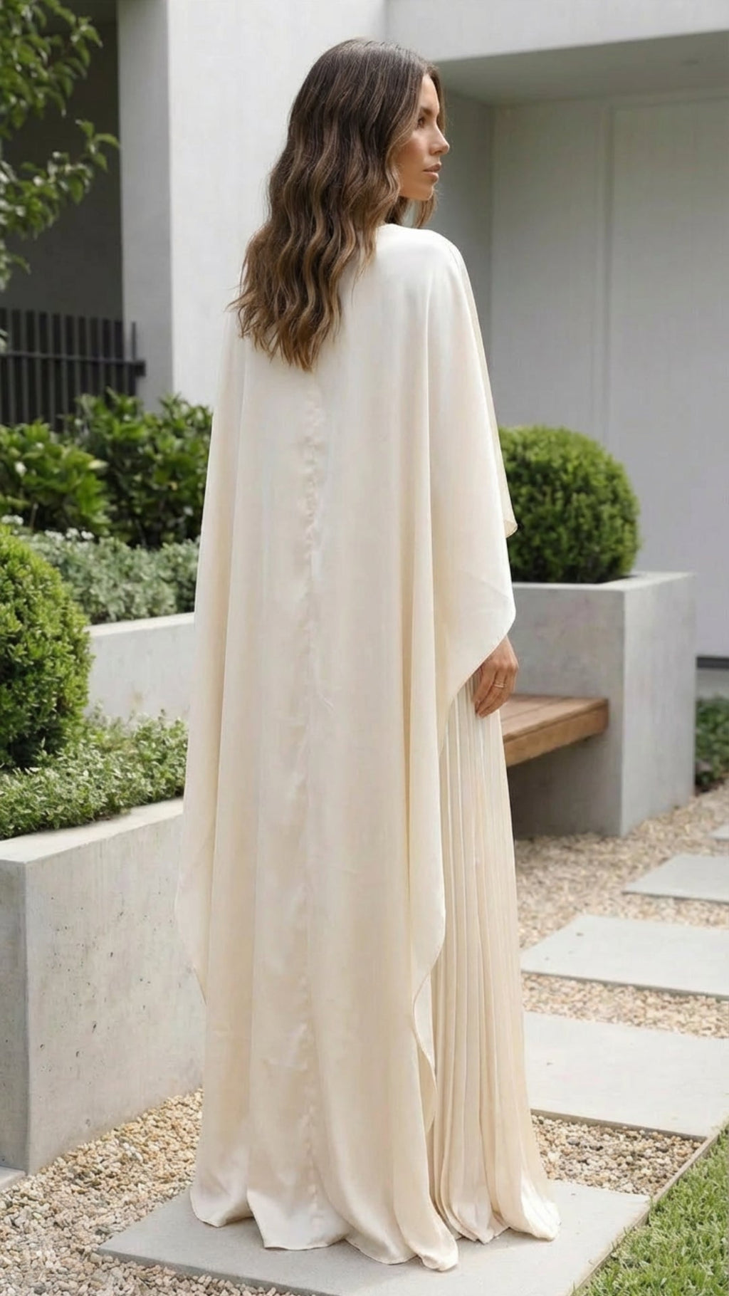 Pleated Maxi Dress with Cape Sleeves