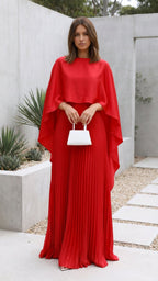 Pleated Maxi Dress with Cape Sleeves