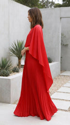 Pleated Maxi Dress with Cape Sleeves
