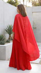 Pleated Maxi Dress with Cape Sleeves