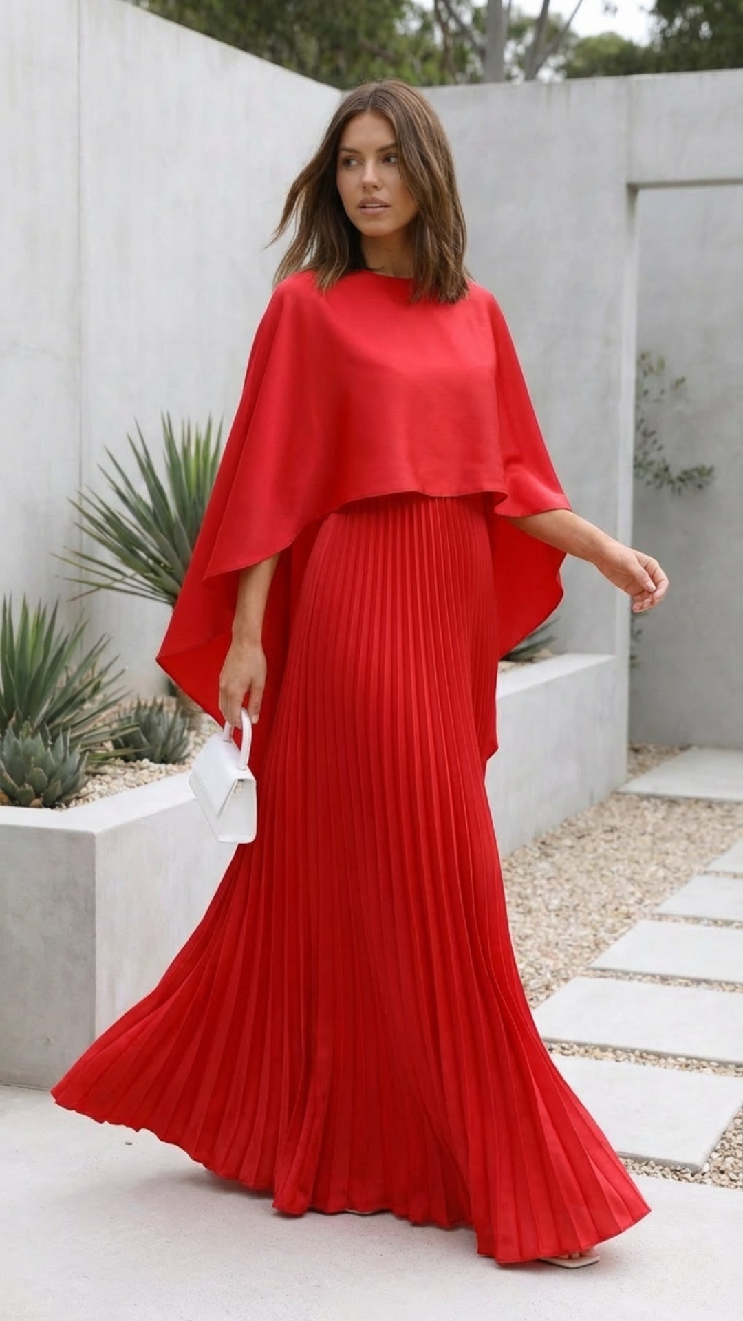 Pleated Maxi Dress with Cape Sleeves