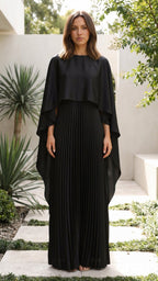 Pleated Maxi Dress with Cape Sleeves