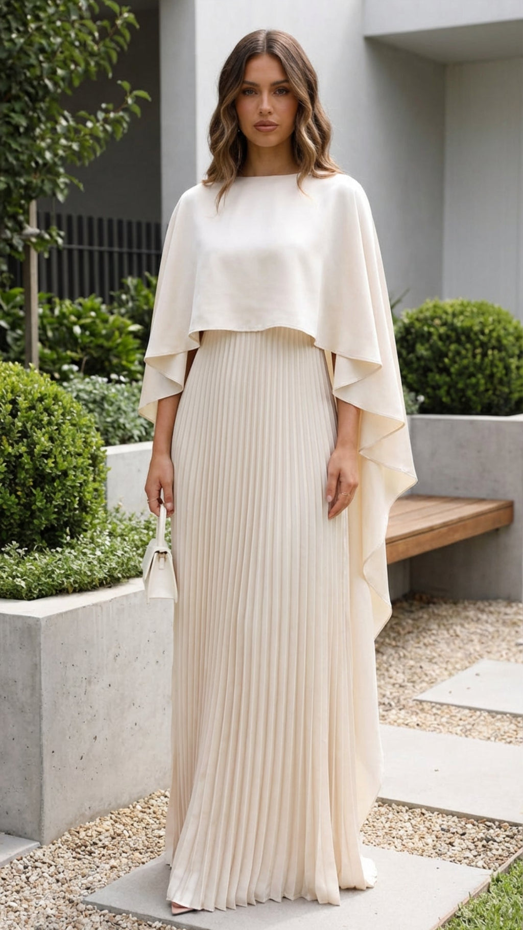 Pleated Maxi Dress with Cape Sleeves