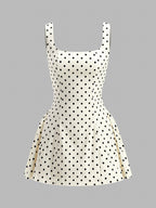 Polka Dot Square Neck Mini Dress with Lace Up Back